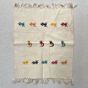 Handwoven Mexican Zapotec Oaxaco Embroidered Bird Motif Vintage Towel 14x17